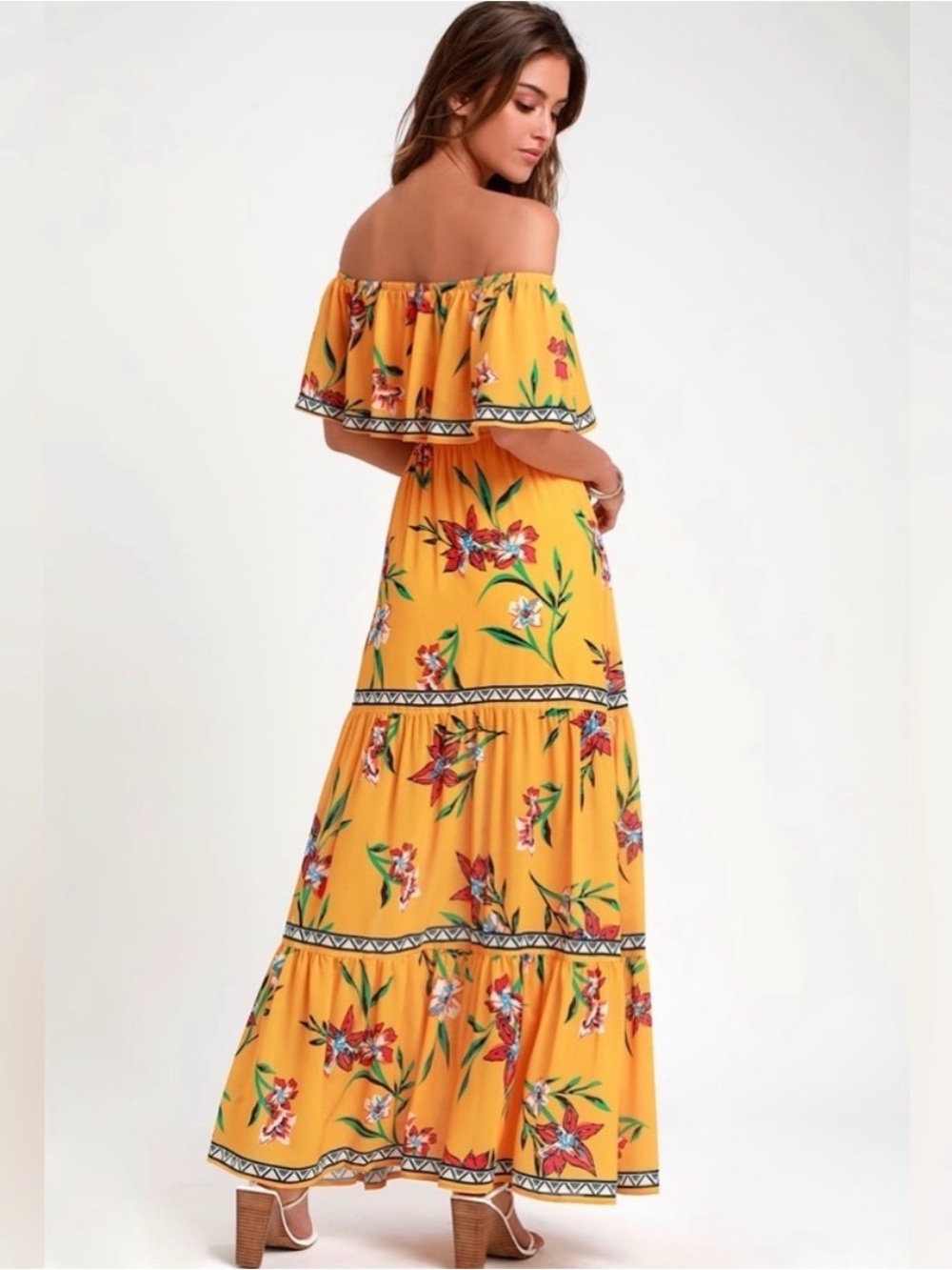 Lulu's Yellow Off-Shoulder Floral Maxi Dress